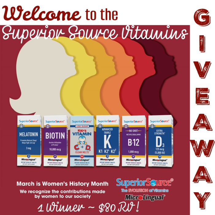 1 Lucky Winner Will Win a 6 Pack of Superior Sources Best Selling Vitamins Valued at $80!  Ends 4/7. Thank you and good luck to all entrants!